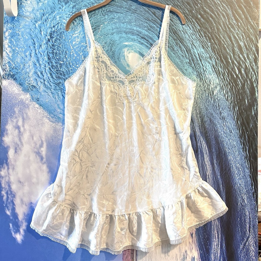 Vintage Lily of France Medium M Nightgown White Satin Lace Peplum Tiered Nightie